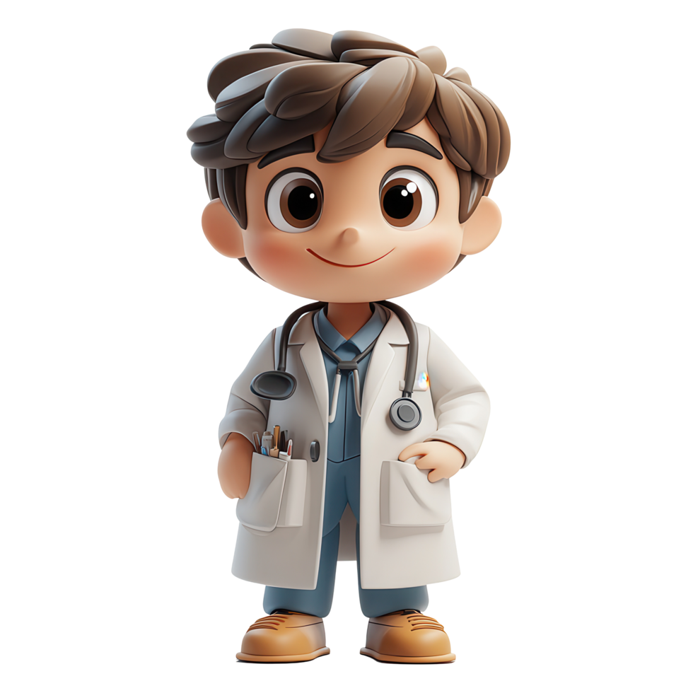 Young cartoon doctor character in a white coat with a stethoscope and friendly expression standing confidently isolated on transparent background png