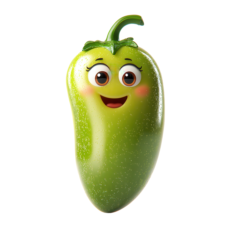 Cheerful cartoon jalapeno character with smiling face and vibrant green color in a playful design isolated on transparent background png