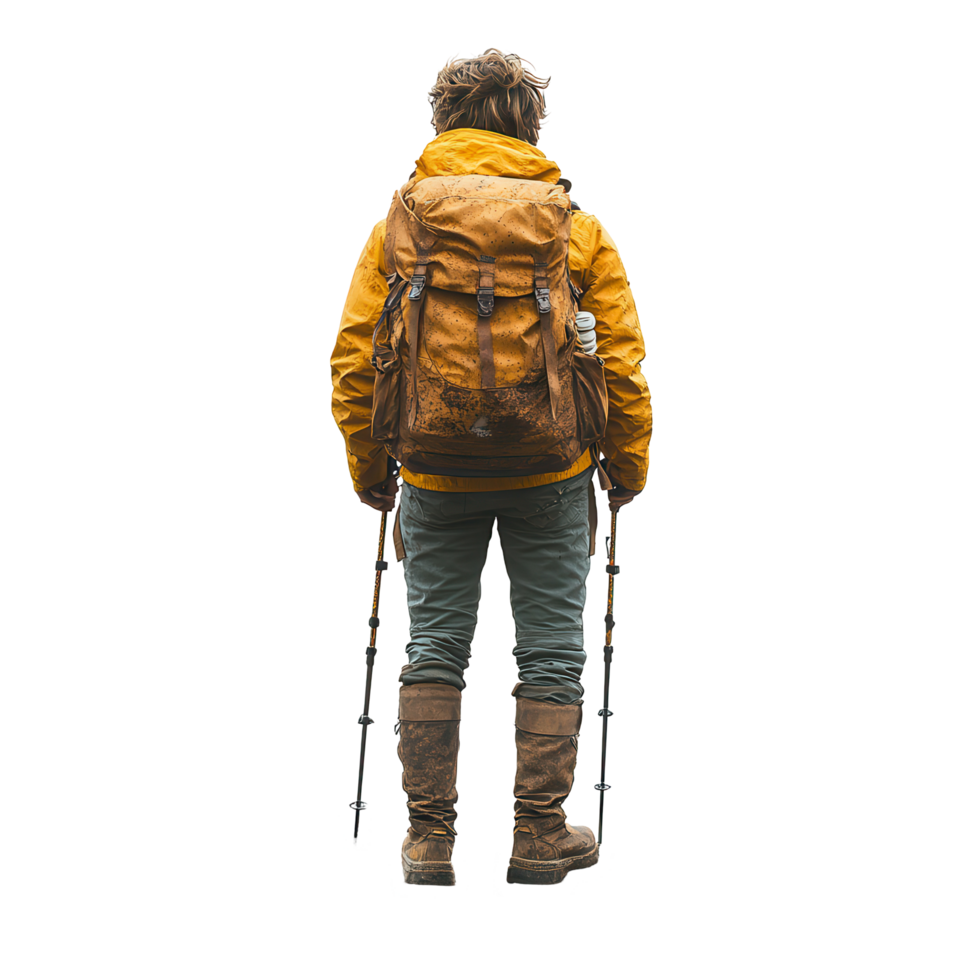 Hiker prepares for an adventure in the mountains wearing a yellow jacket and sturdy boots with trekking poles in hand isolated on transparent background png