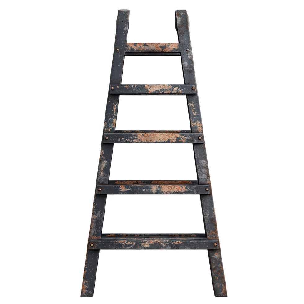 Old metal ladder leaning against a white wall, showcasing wear and rust from years of use isolated on transparent background png