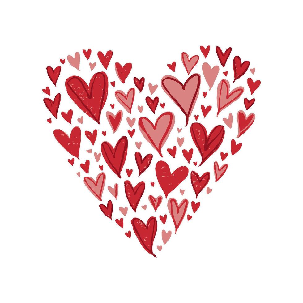 Hand-drawn red and pink hearts forming a larger heart shape, scattered on a white background. Concept of love and affection. Valentine's day, wedding illustration. vector