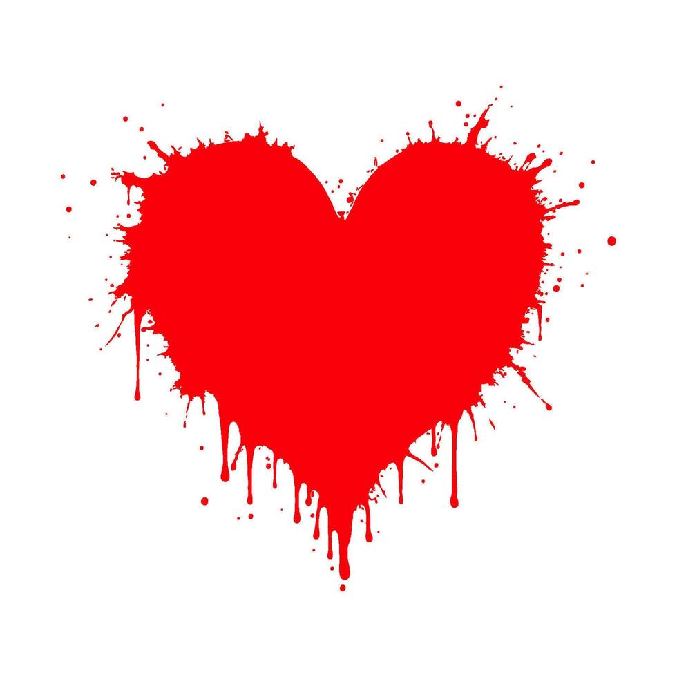 A red heart-shaped splatter with dripping edges on a clean white background, representing love, passion, and artistic creativity. Valentine's day illustration. vector