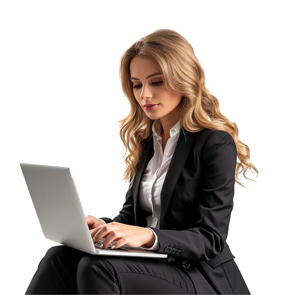 Businesswoman working on laptop stylish blonde woman in black suit using notebook computer png