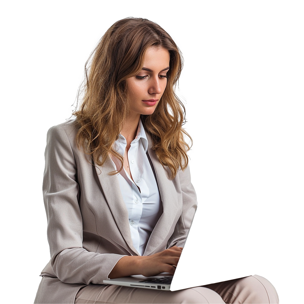Businesswoman working on laptop serious expression beige suit png
