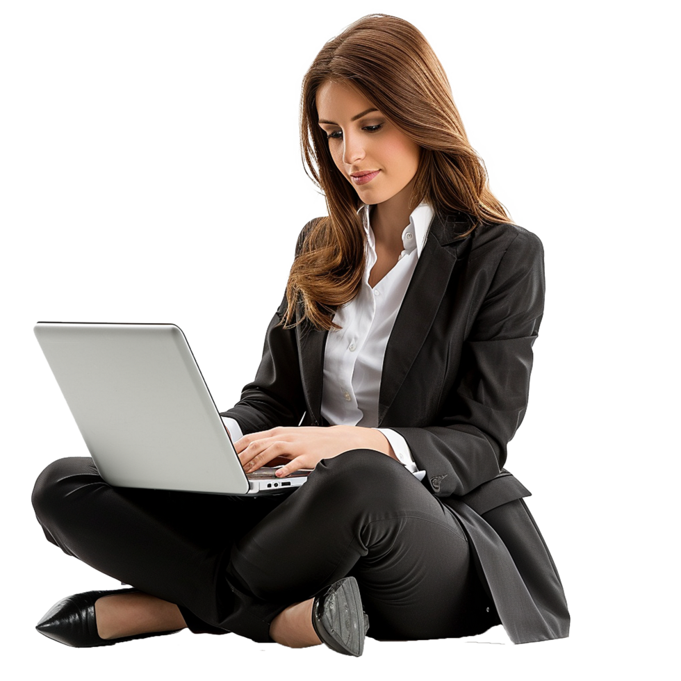 Businesswoman working on laptop stylish attire elegant pose png