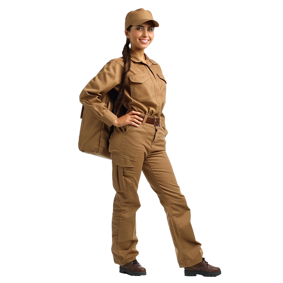 Smiling delivery woman in brown uniform and cap carrying bag png
