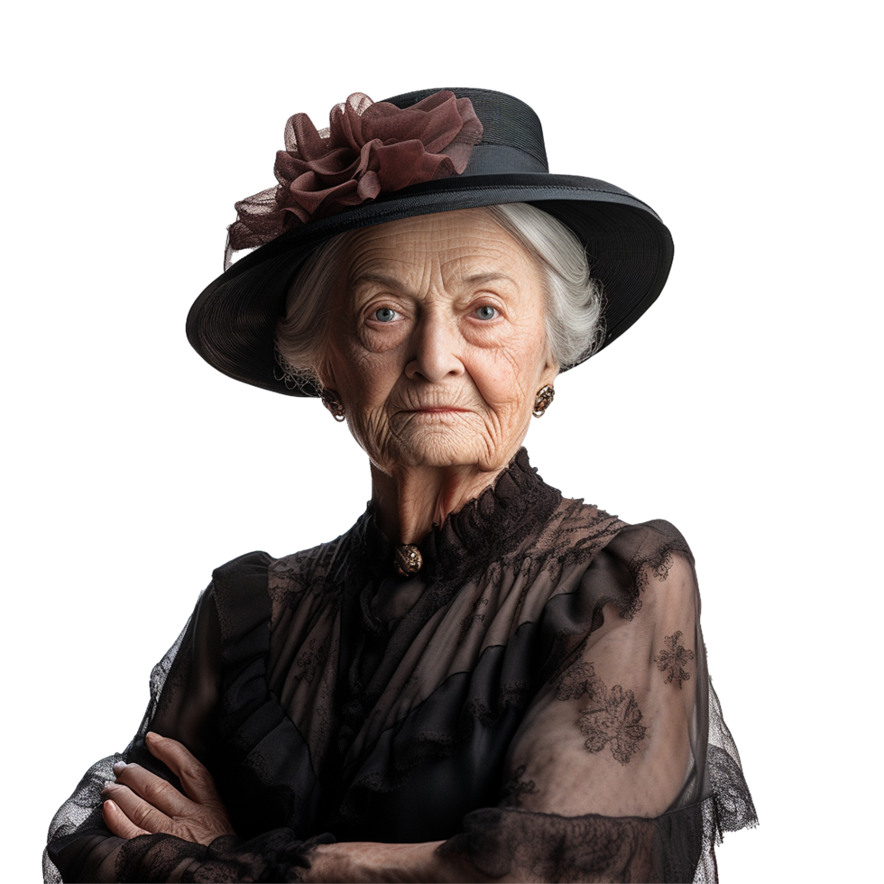Elegant Elderly Woman in Black Hat and Dress png