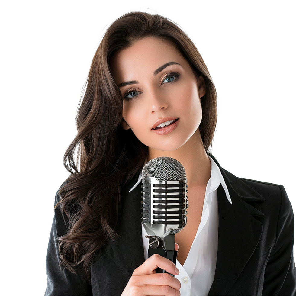 Elegant woman holding vintage microphone singing beautiful song png