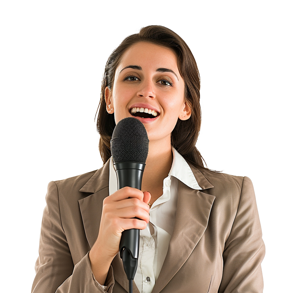 Woman in brown suit speaking into microphone confident presentation png