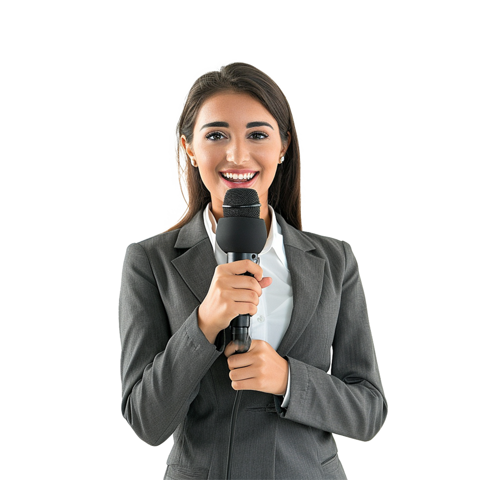 Businesswoman Speaking into Microphone Smiling Confidently png