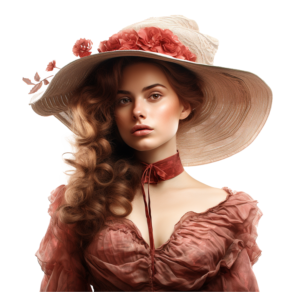 Elegant Woman in Vintage Hat and Dress Romantic Style Portrait png