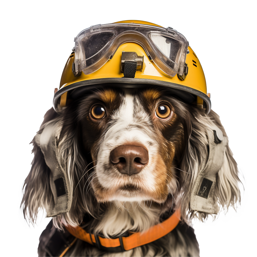 Dog wearing yellow hard hat and goggles safety first png