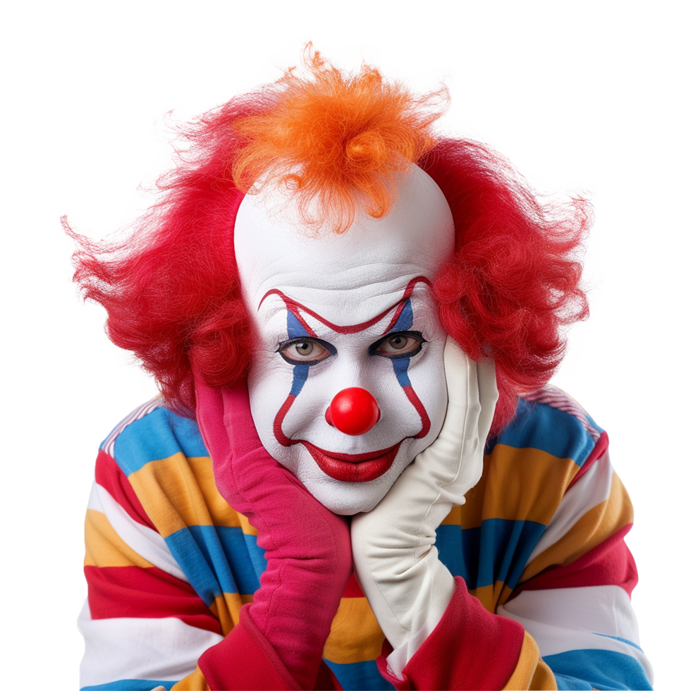 A pensive clown in colorful attire rests his chin on his hands png
