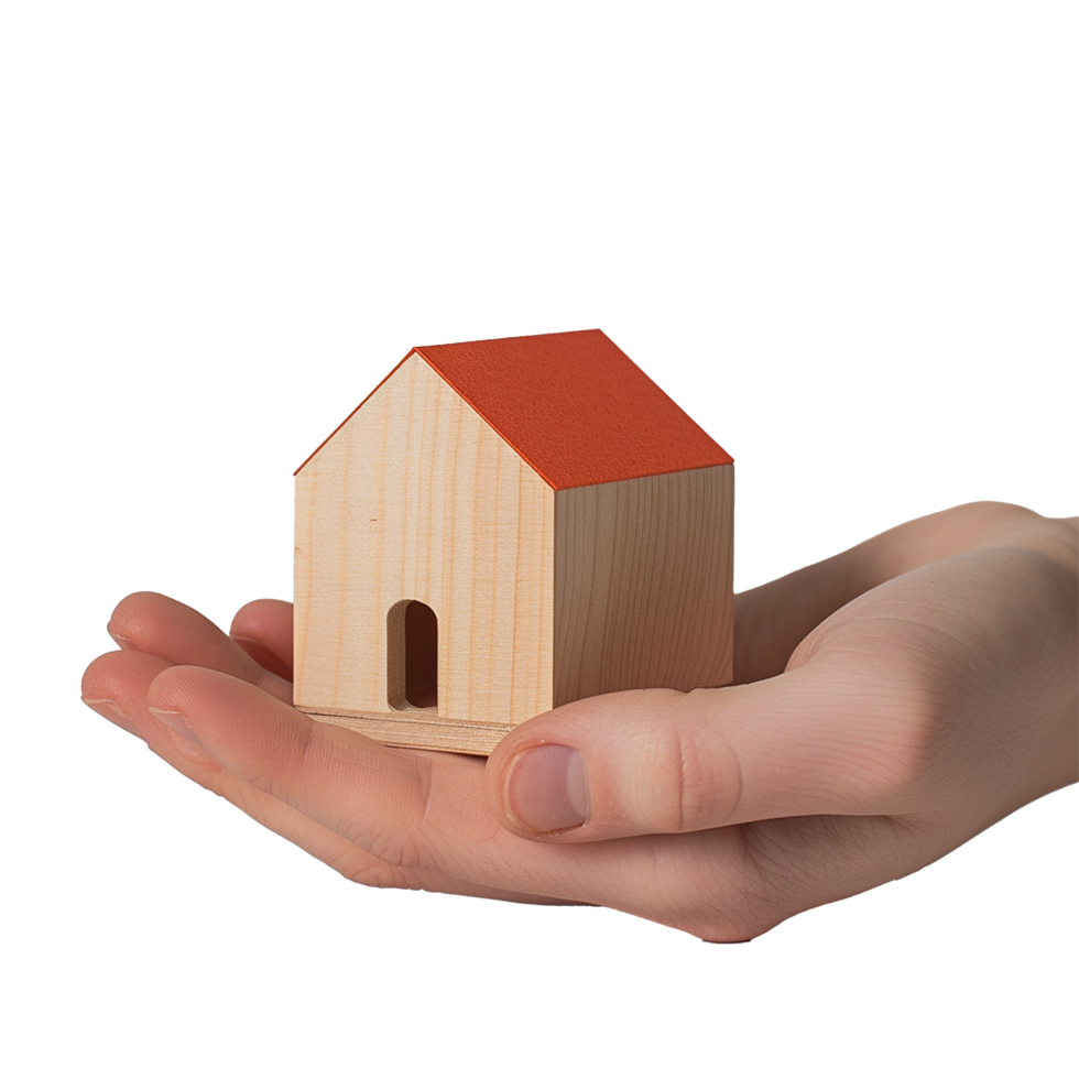 Wooden house model in hand representing homeownership dreams png