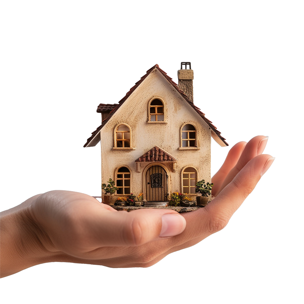 Small house model in a hand symbolizing homeownership dreams and real estate png