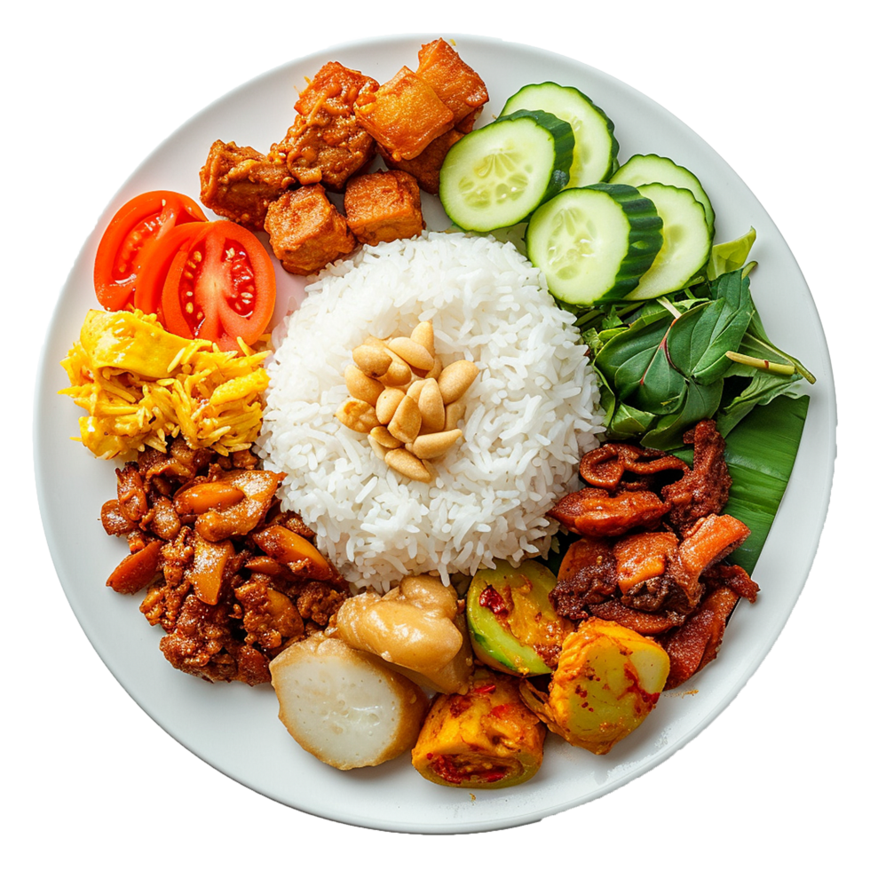 Delicious Nasi Lemak platter Rice with various side dishes, a vibrant culinary delight, png