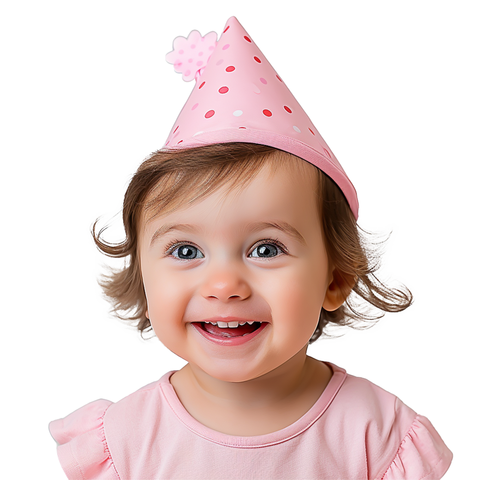 Happy baby girl wearing pink party hat smiling joyfully png