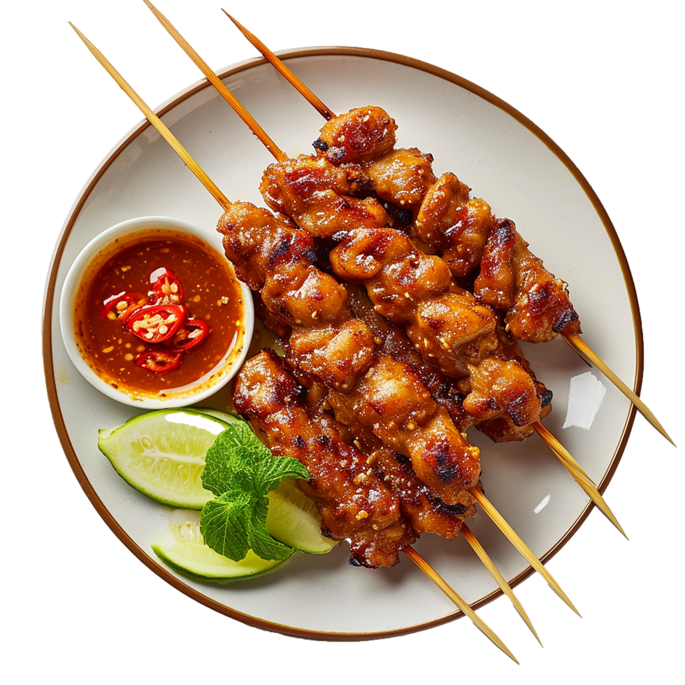 Delicious Grilled Chicken Satay Skewers with Spicy Sauce png