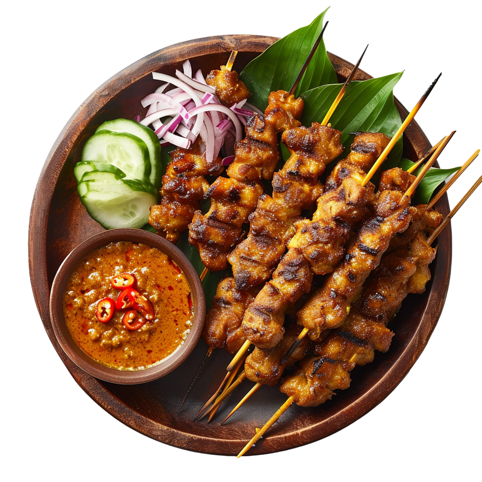 Delicious Chicken Satay with Peanut Sauce and Garnishes png