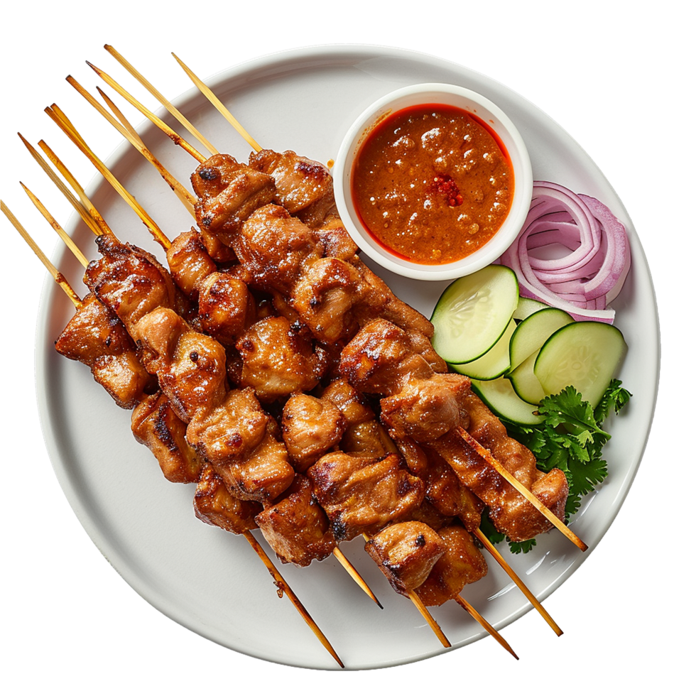 Delicious Chicken Satay Skewers with Peanut Sauce and Garnish png