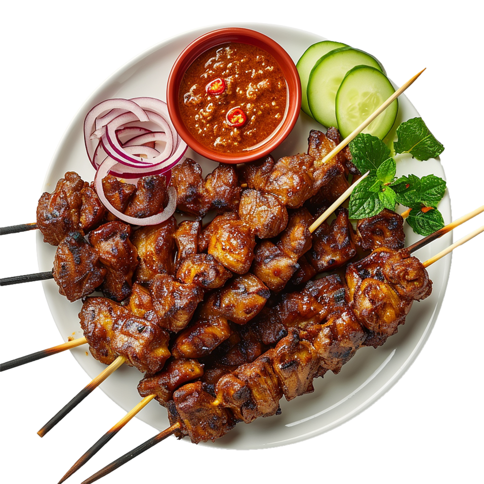 Delicious grilled satay skewers with sauce and garnish png