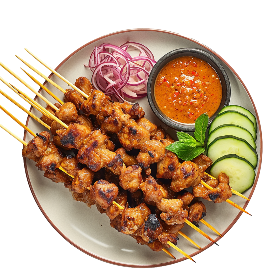 Delicious Chicken Satay Skewers with Peanut Sauce Red Onions and Cucumbers png