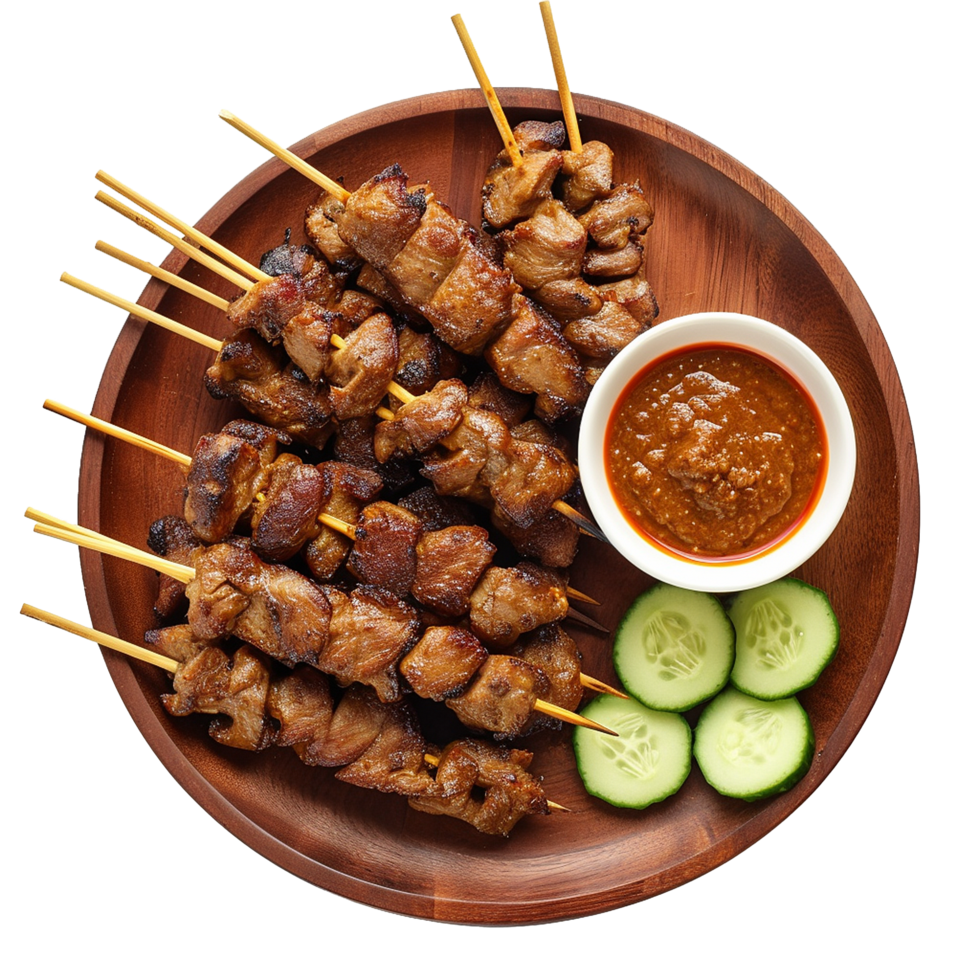 Delicious Grilled Chicken Satay Skewers with Peanut Sauce and Cucumber png