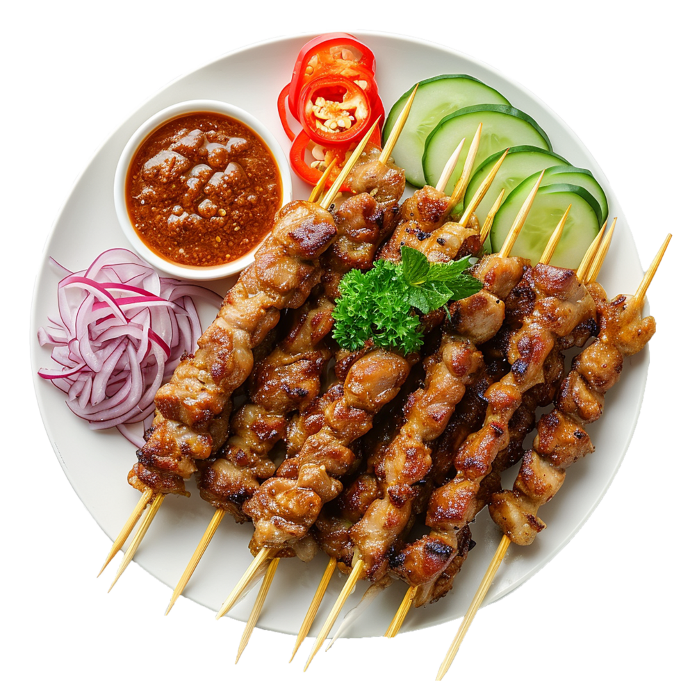 Delicious Chicken Satay Skewers with Peanut Sauce and Fresh Garnishes png