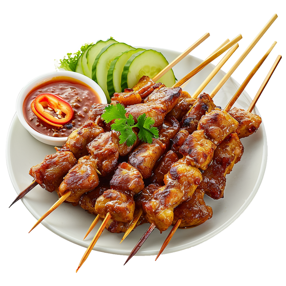 Delicious Grilled Chicken Satay Skewers with Sauce and Cucumber png