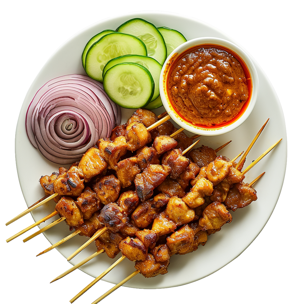 Delicious Chicken Satay with Peanut Sauce Cucumber and Onion png