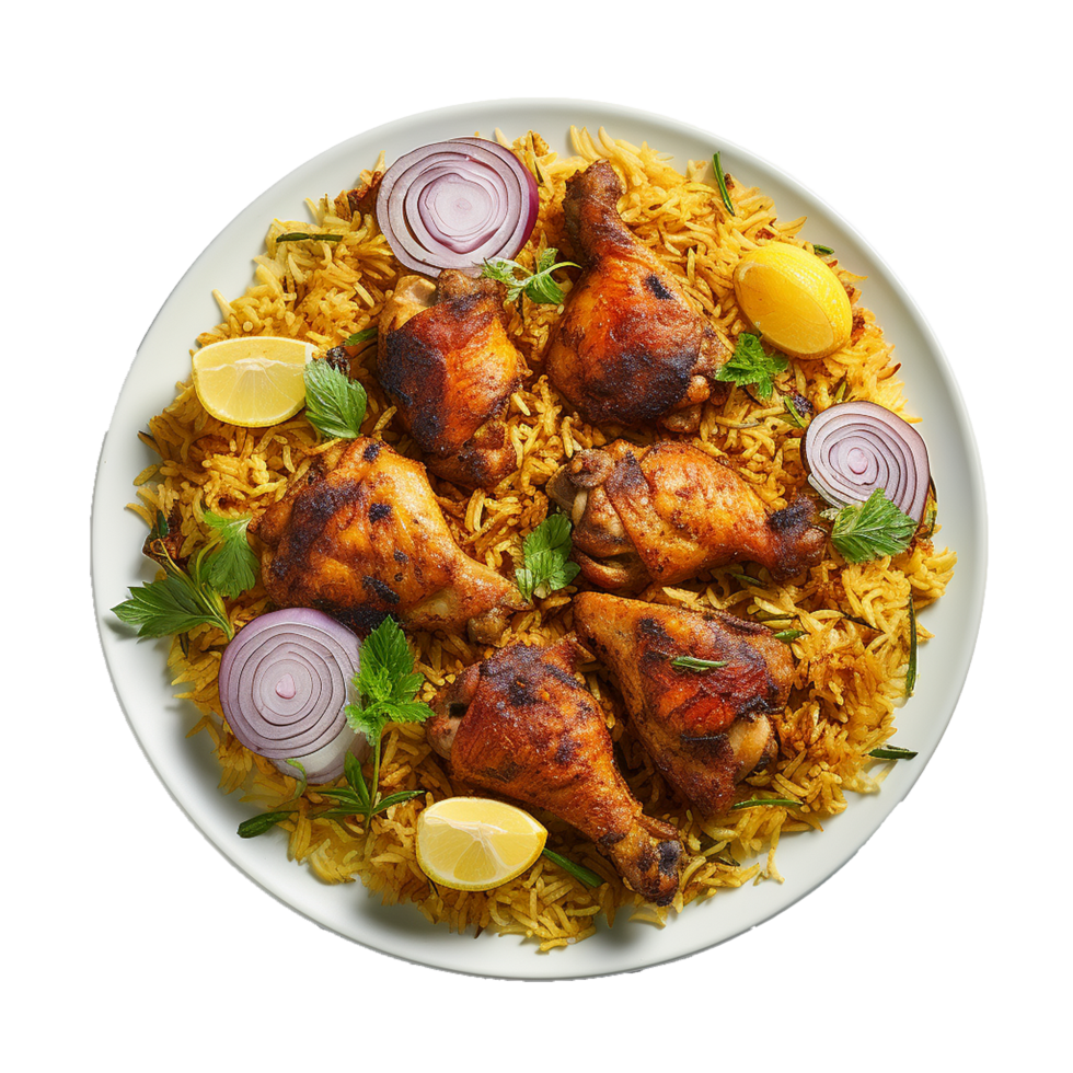 Delicious Roasted Chicken with Rice Lemon and Onion Garnish png