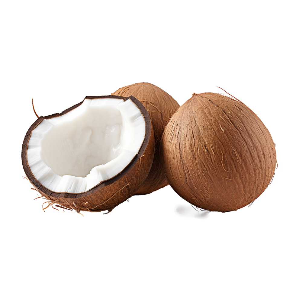 Ripe coconuts one opened showing white flesh, png