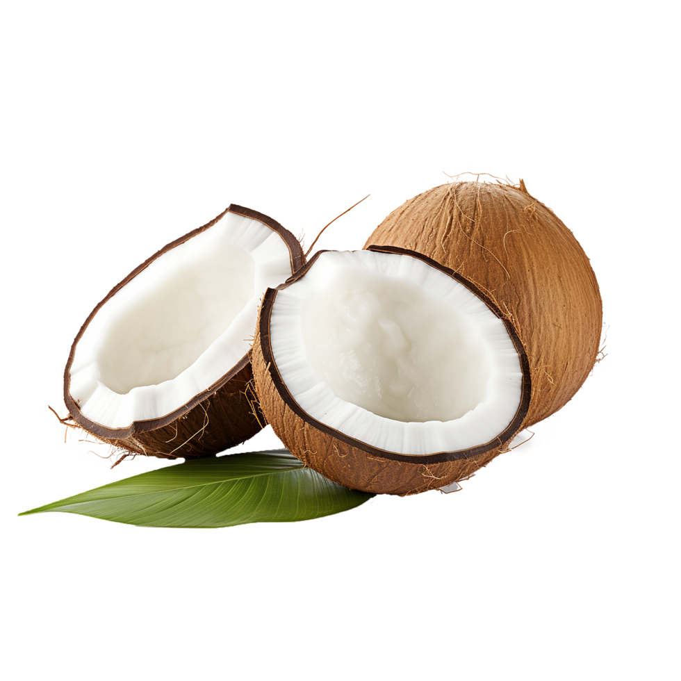 Fresh cracked coconuts tropical fruit white flesh brown shell green leaf png