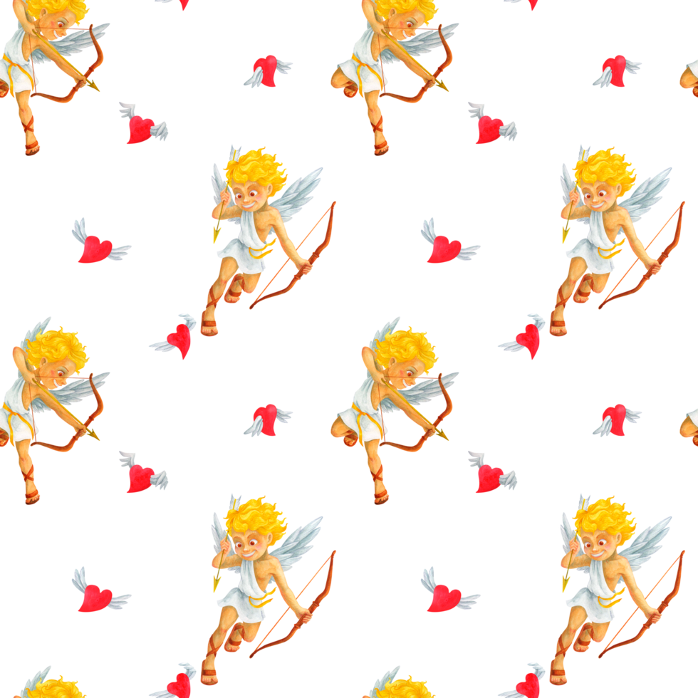 Seamless pattern. Cartoon Cherub Cupid hunting red flying hearts. Creative romantic watercolor ornamental with symbols of love and marriage for Valentine's Day wrapping paper, textile, wallpaper png