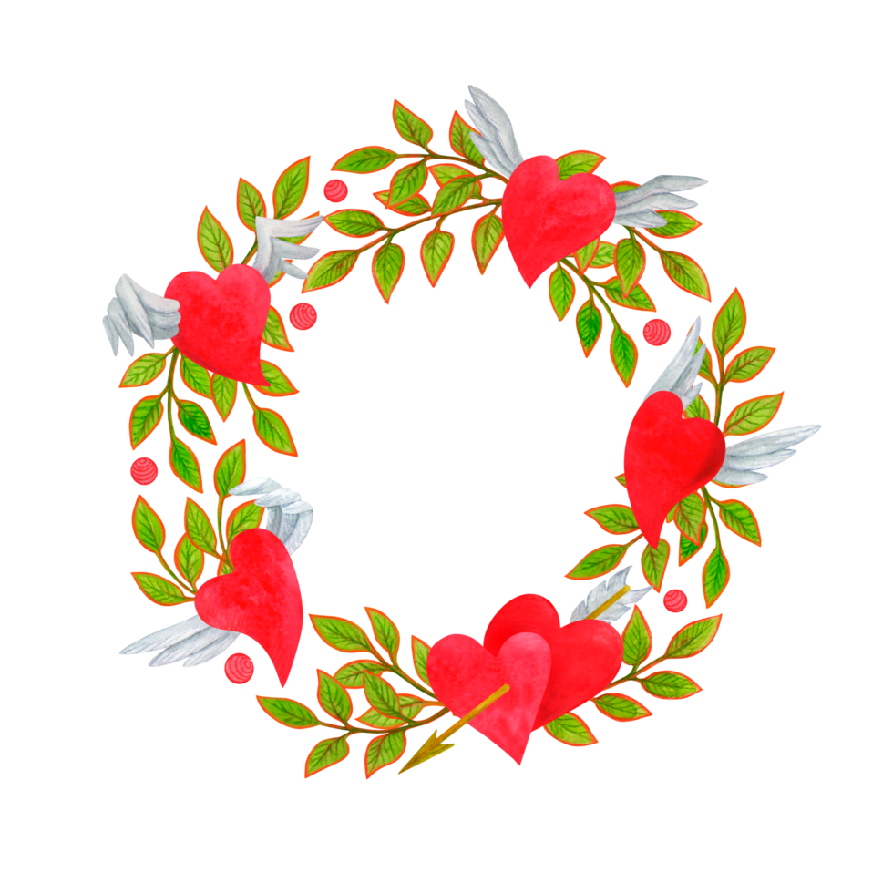 Festive wreath of red hearts with wings and twigs with leaves. Isolated romantic frame for valentines day design decoration and prints. Hand drawn watercolor template with empty place for text png