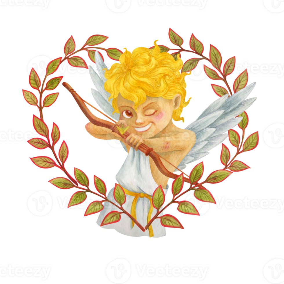 Mischievous Cherub in a heart-shaped leaves frame aims an arrow from a bow at the viewer. Laughing watercolor character. Isolated angel. Winged Cupid for Valentine's Day design and holiday print png