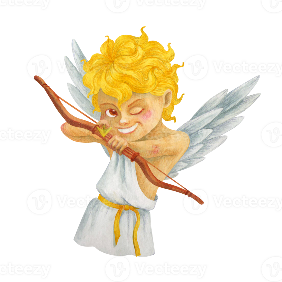 A mischievous laughing boy Cupid directs an arrow from a bow at the viewer. Watercolor cartoon cherub character. Isolated angel for Valentine's Day holiday printing, tableware and textile design png