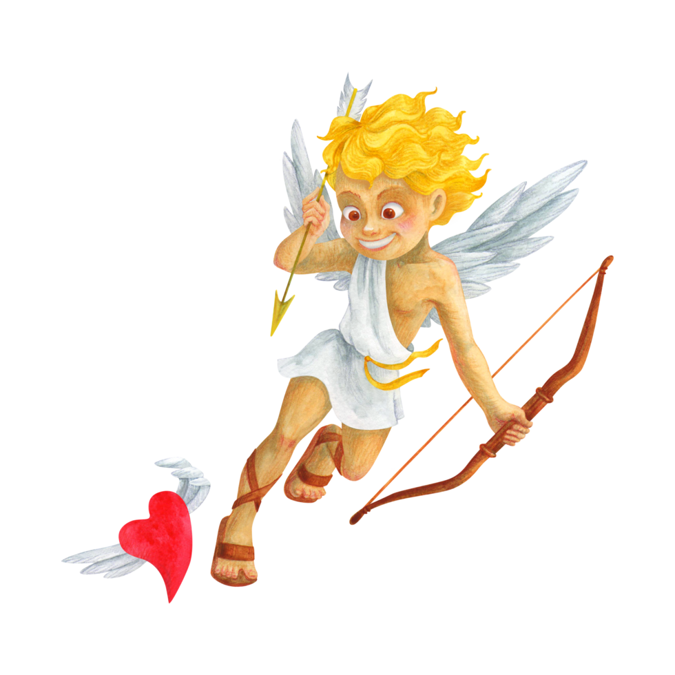 A blond boy with wings in Greek clothing is chasing a heart to pierce it with an arrow. Watercolor cherub. Hand drawn romantic character. Isolated Cupid portrait for Valentine's Day decoration png