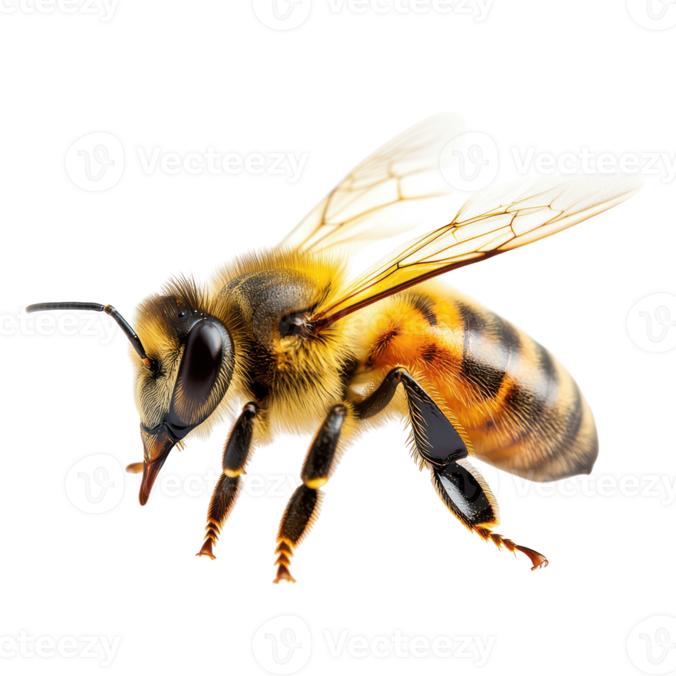 A close-up view of a bee pollinating a flower in spring sunlight png