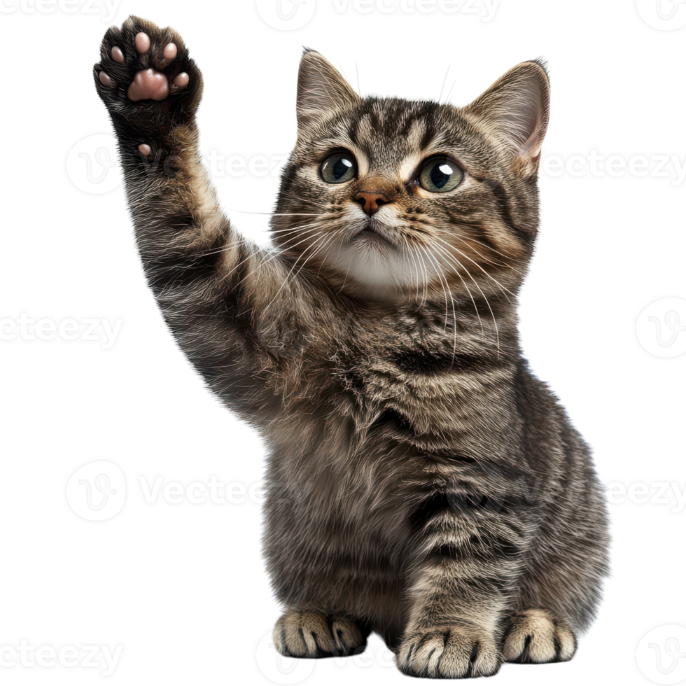 Playful kitten raising paw in a cheerful indoor setting png