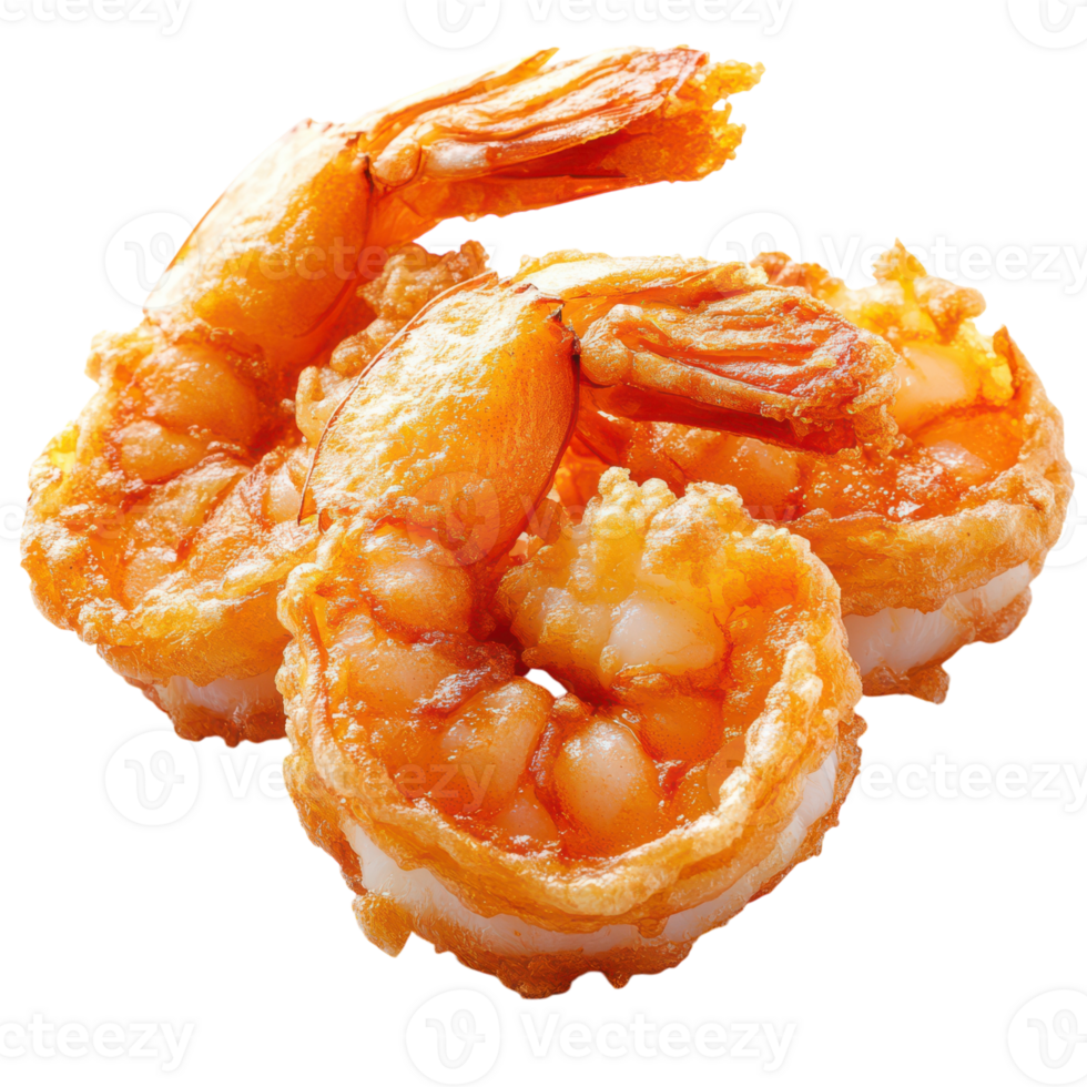Crispy golden fried shrimp served on a white background png