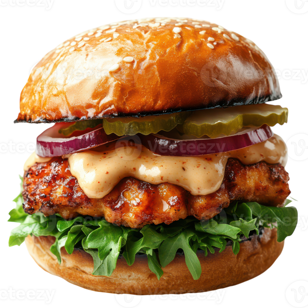 Juicy chicken burger stacked high with fresh toppings and sauce png