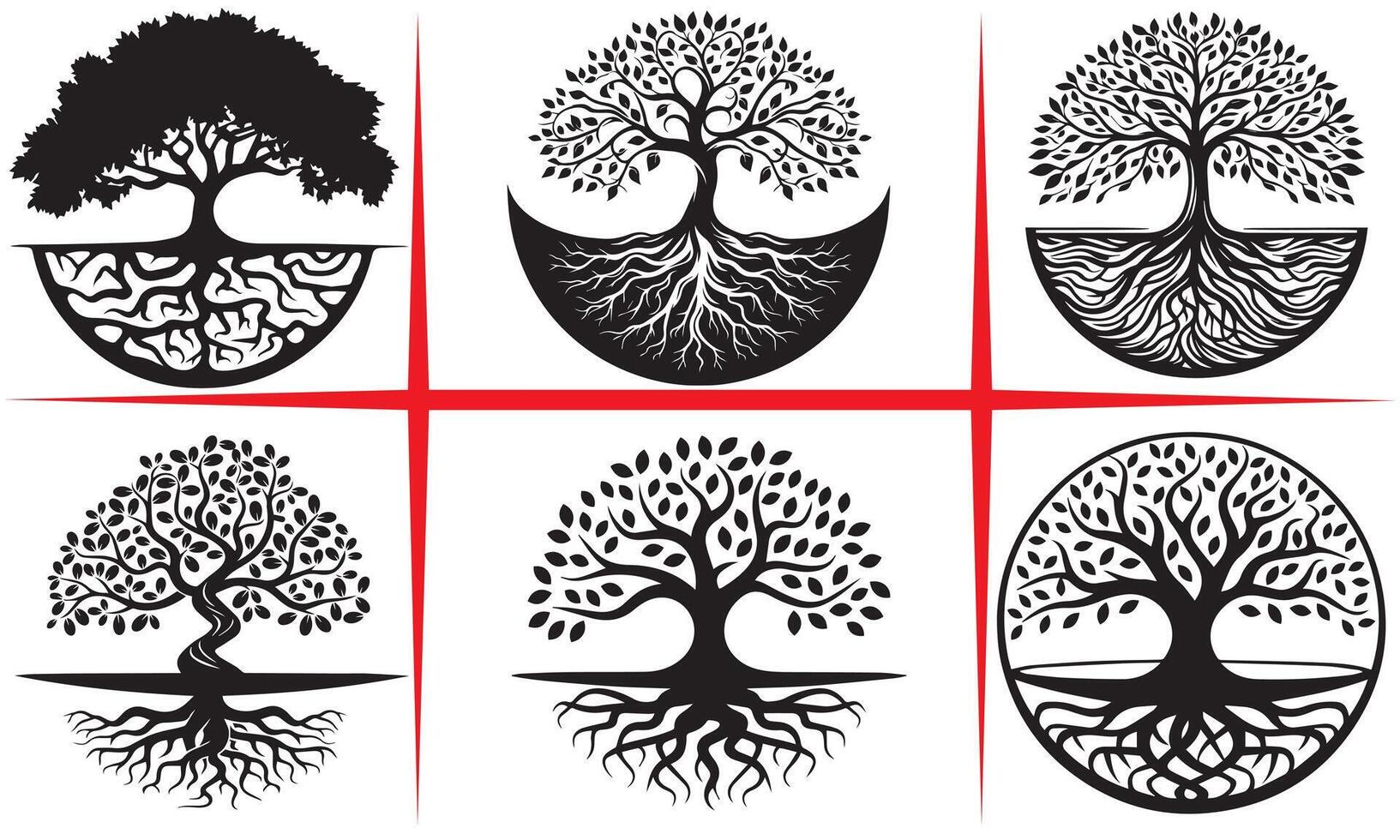 Winding Tree of Life Silhouette Set vector