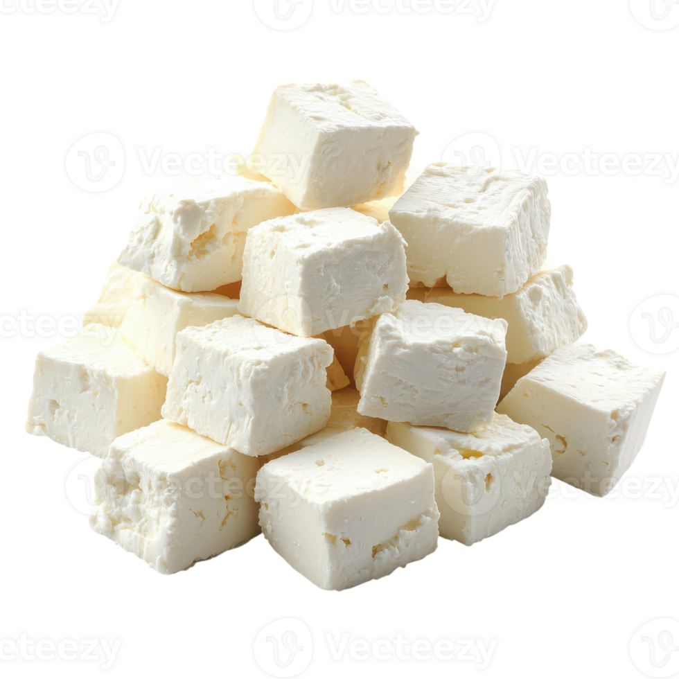 Creamy cubes of fresh cheese piled artfully on a white surface png