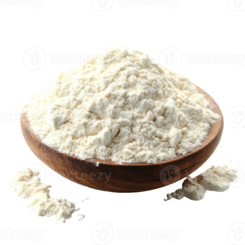 Fluffy white flour piled high in a wooden bowl on a bright surface png