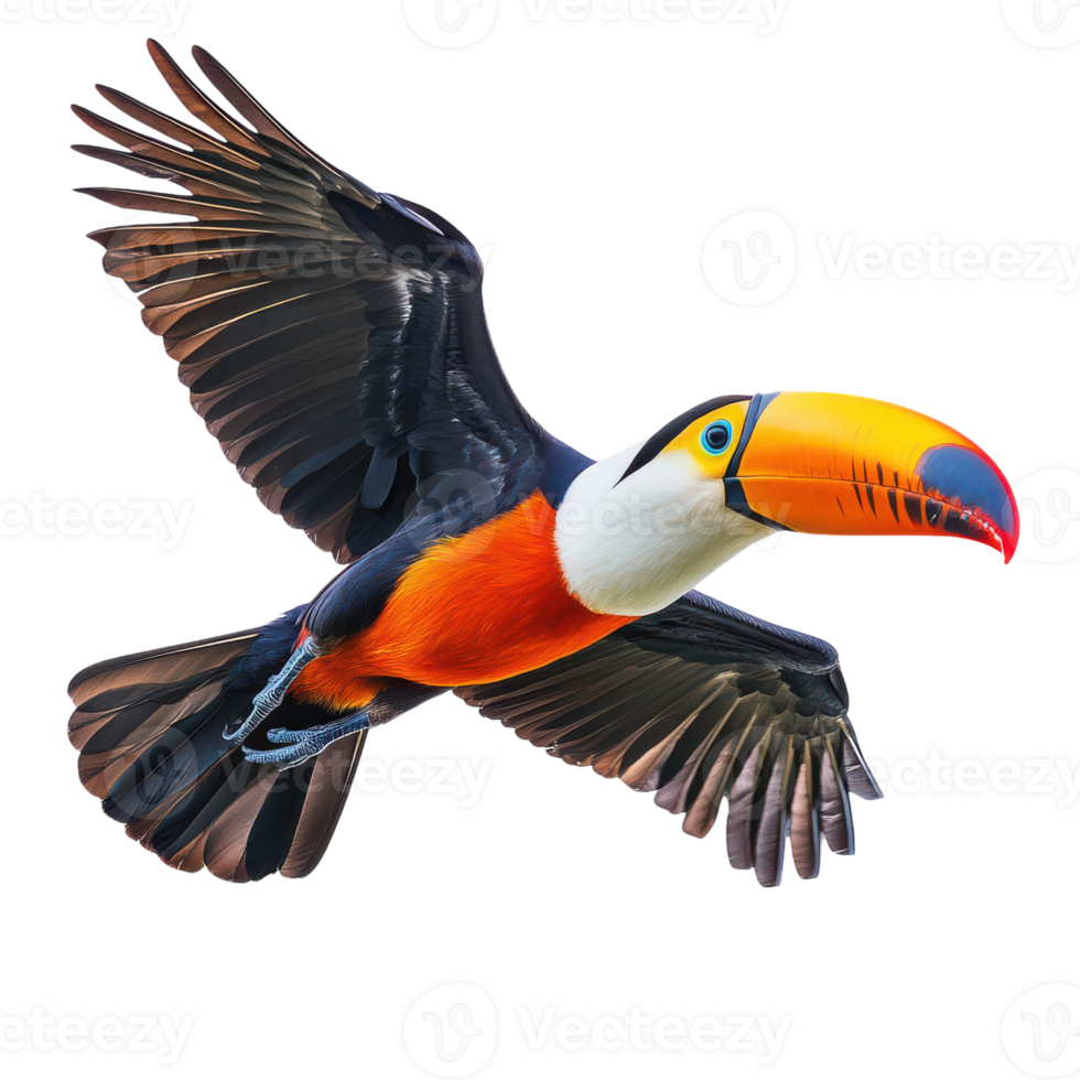 Vibrant toucan soaring through a bright blue sky at dusk png
