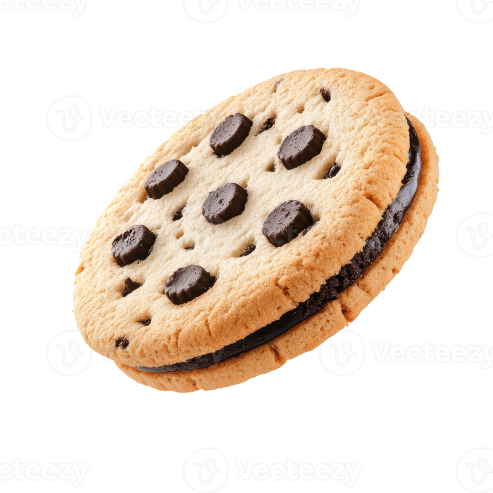 Delicious floating cookie with chocolate filling in bright light png