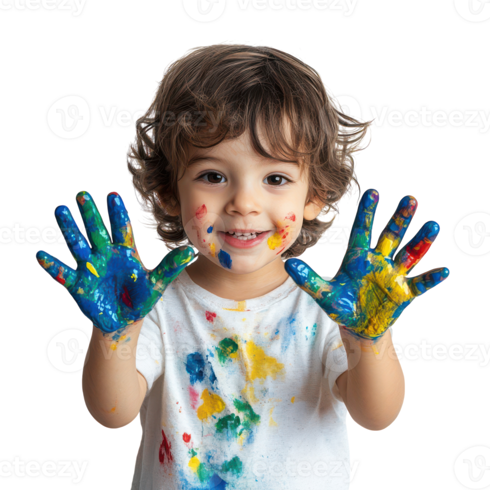 Joyful child creating art with colorful paints at home png
