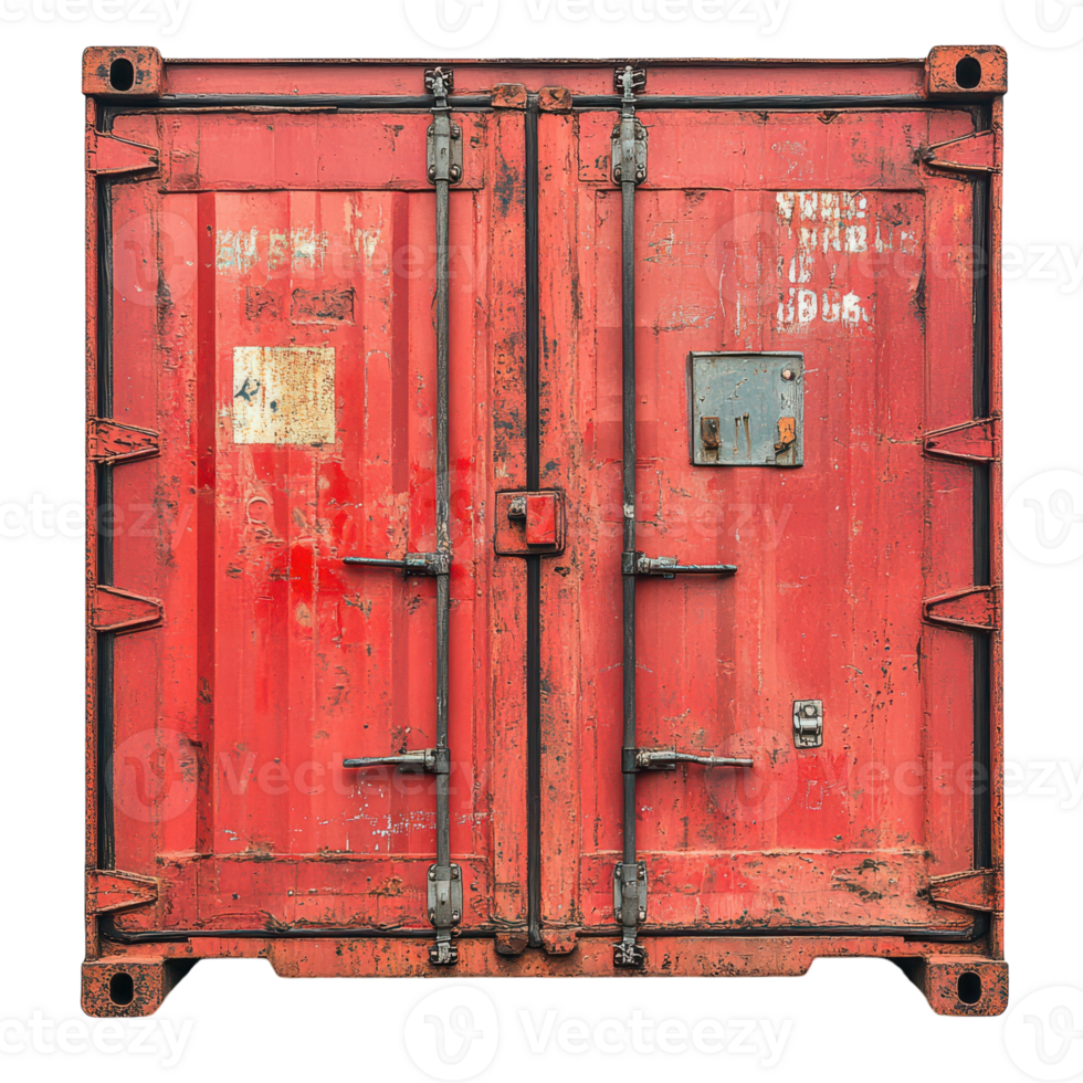 A worn red shipping container outside an industrial warehouse png