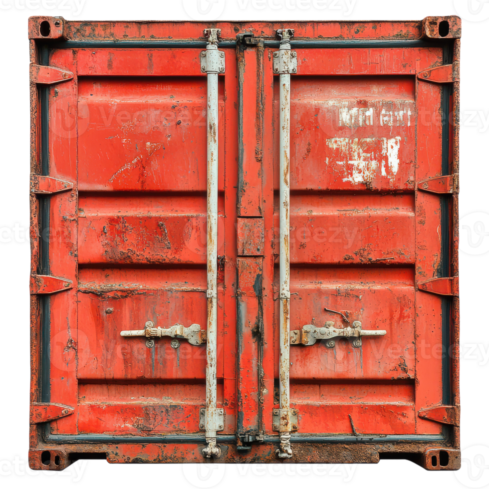 Rusty red shipping container at a busy port during the day png